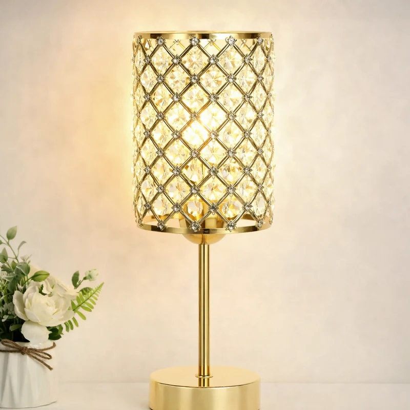 Euroselle Crystal Table Lamp With Gold Base, USB Ports And Touch Dimming, 5.1 x 15.7