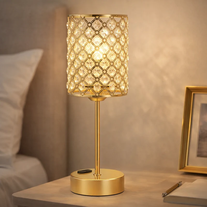 Euroselle Crystal Table Lamp With Gold Base, USB Ports And Touch Dimming, 5.1 x 15.7
