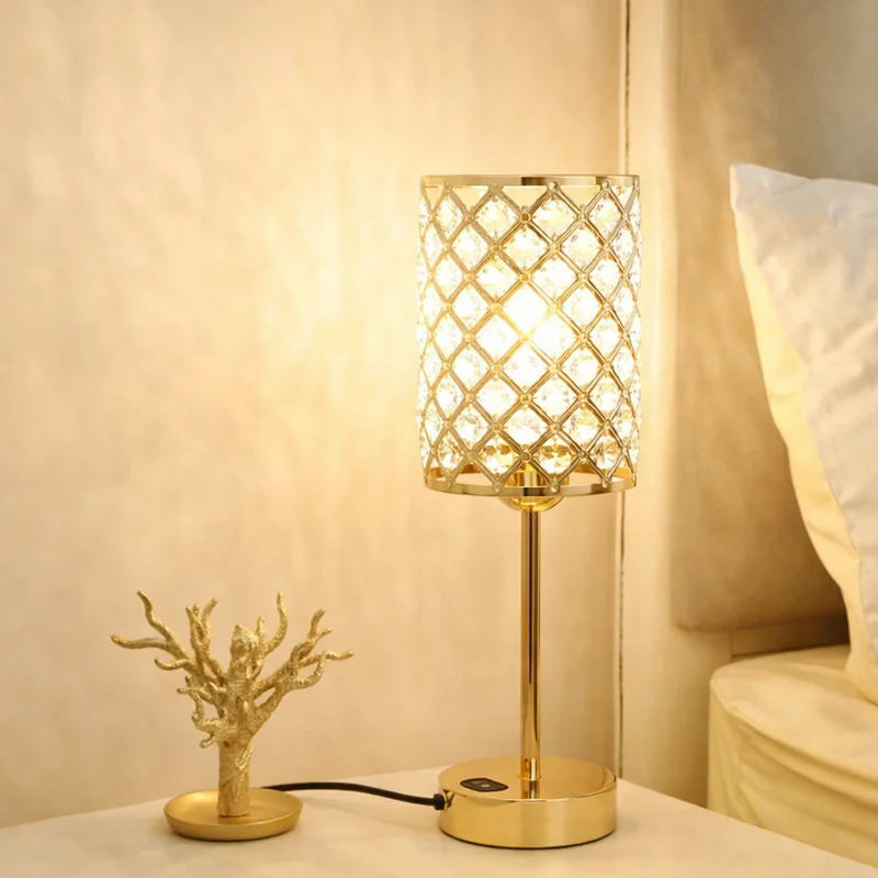 Euroselle Crystal Table Lamp With Gold Base, USB Ports And Touch Dimming, 5.1 x 15.7