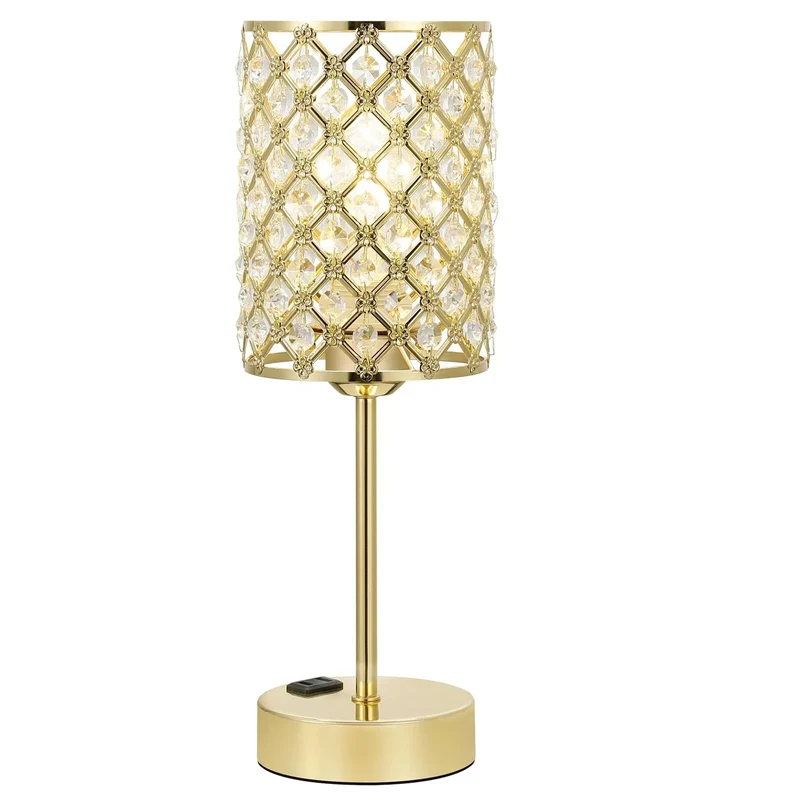 Euroselle Crystal Table Lamp With Gold Base, USB Ports And Touch Dimming, 5.1 x 15.7
