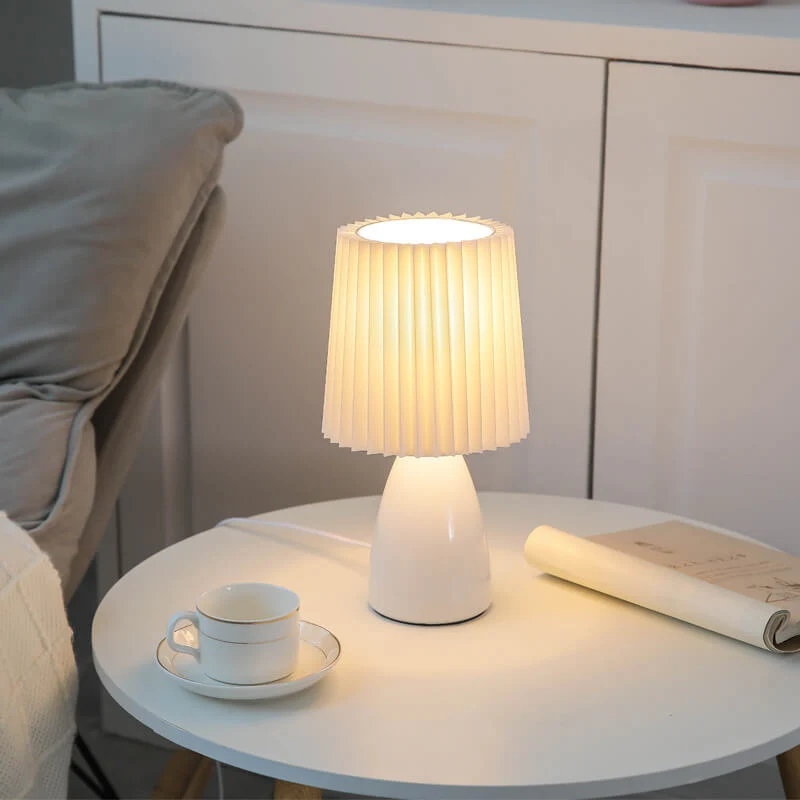 Euroselle Table Lamp With Glass Base And Pleated Fabric Shade 12.2 Inch Plug In Indoor Lighting