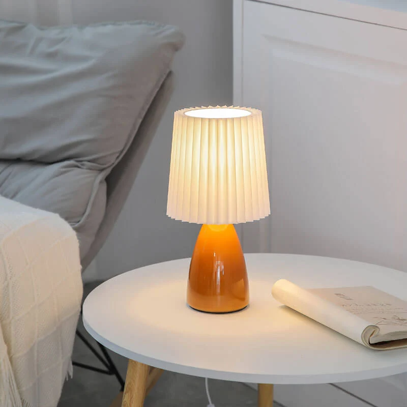 Euroselle Table Lamp With Glass Base And Pleated Fabric Shade 12.2 Inch Plug In Indoor Lighting