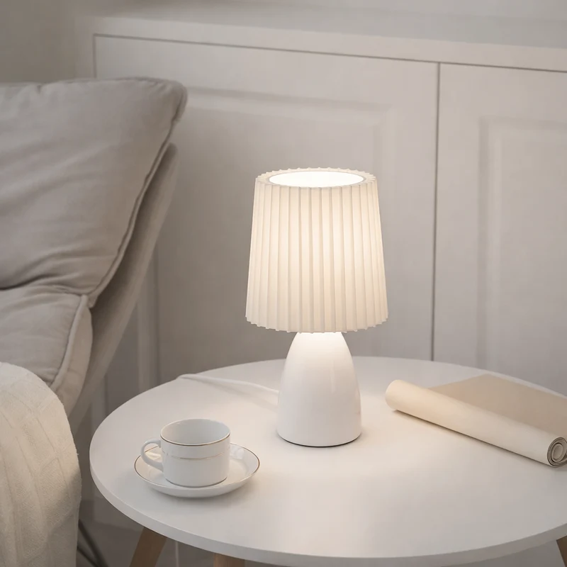 Euroselle Table Lamp With Glass Base And Pleated Fabric Shade 12.2 Inch Plug In Indoor Lighting