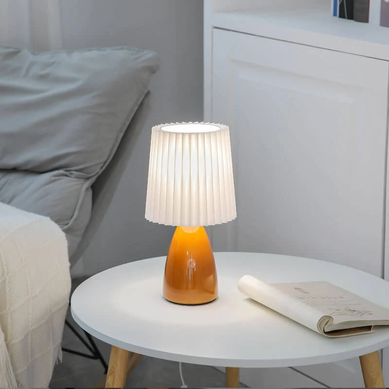 Euroselle Table Lamp With Glass Base And Pleated Fabric Shade 12.2 Inch Plug In Indoor Lighting