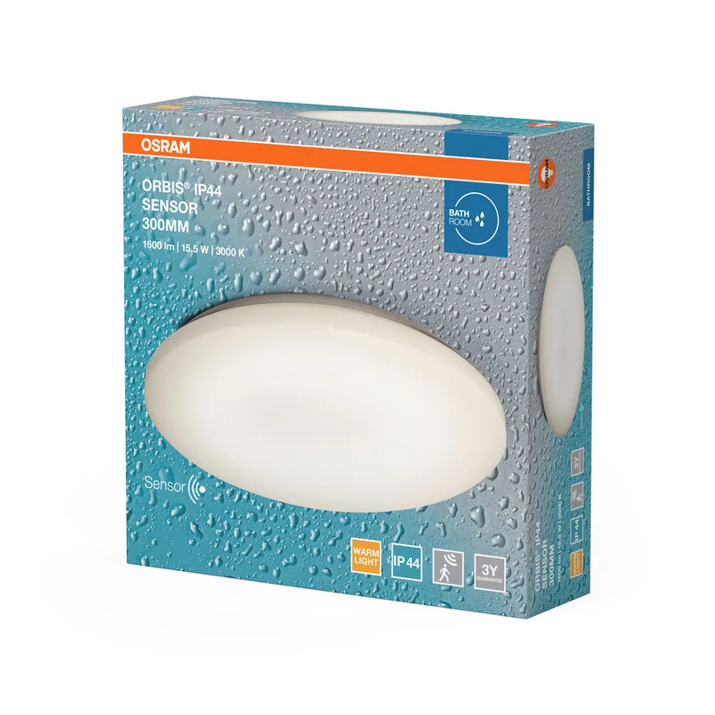 OSRAM ORBIS LED Badenzimmerlampe mit Sensor, LED Deckenleuchte mit IP44 warm weiß mit 15 W, 1100 Lumen und 30cm Durchmesser. ORBIS IP44 SENSOR 300MM 15.5W 830