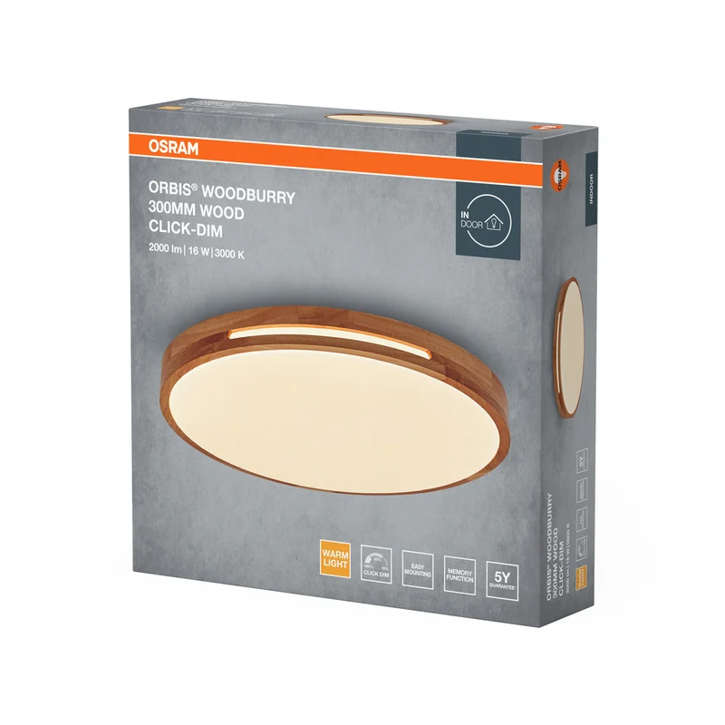 OSRAM ORBIS Woodburry Deckenleuchte dimmbar Click-DIM 16W 300mm Holz