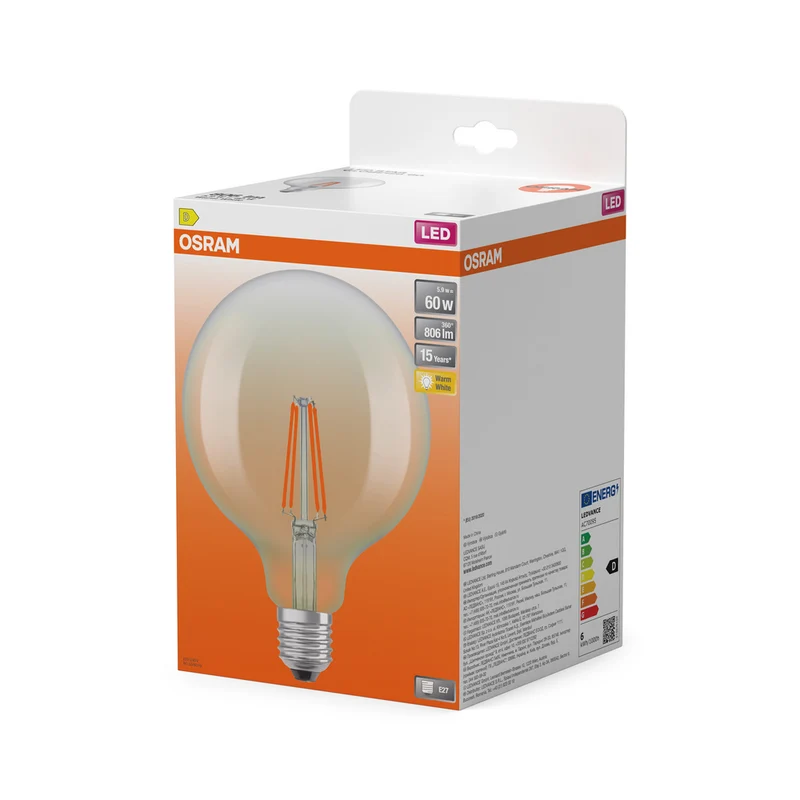 OSRAM LED-Lampen, klassische Ballform, 60 Watts Ersatz, E27, G125, 2700 Kelvin, Warm weiß, Klares Glas, single Pack