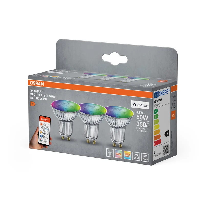 OSRAM SMART+ MATTER Spot Multicolor in PAR16-Form, LED-Spot, Glas, 4,7 W, 350 lm, von 2700 bis 6500 K, Matter, Smartspeaker-Kompatibel, Dimmbar