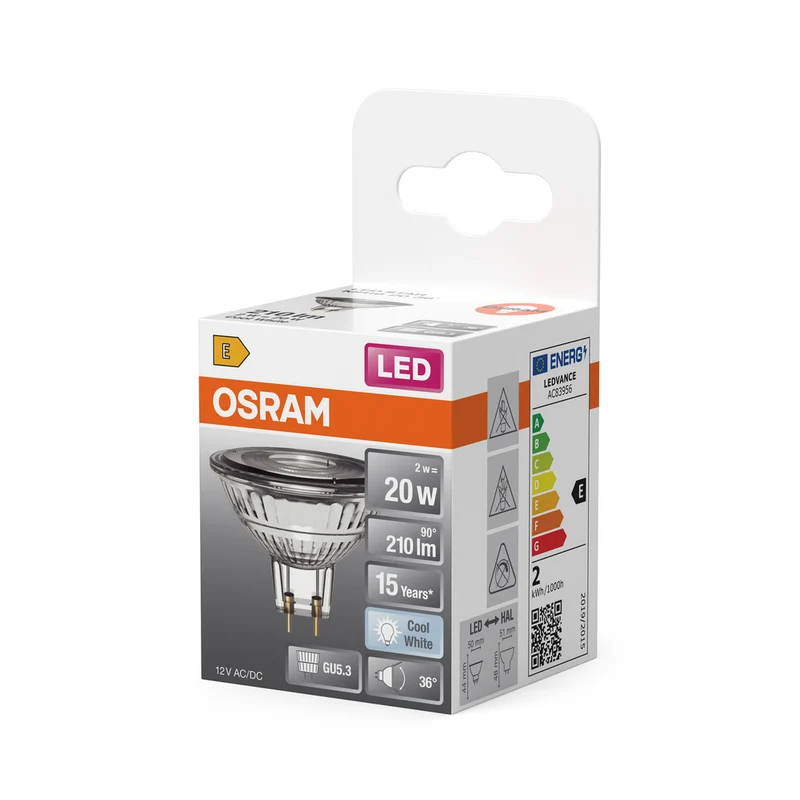 OSRAM MR16 LED Reflektorlampe mit GU5.3 Sockel, Kaltweiss (4000K), Glas Spot, 2.6W, Ersatz für 20W-Reflektorlampe, LED STAR MR16 12 V