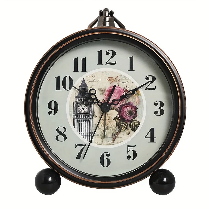 Euroselle Vintage European Metal Bedside Alarm Clock With Silent Analog Large Display