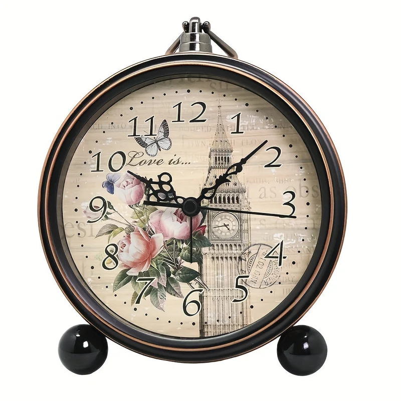 Euroselle Vintage European Metal Bedside Alarm Clock With Silent Analog Large Display