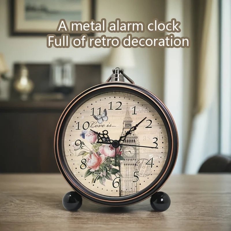 Euroselle Vintage European Metal Bedside Alarm Clock With Silent Analog Large Display
