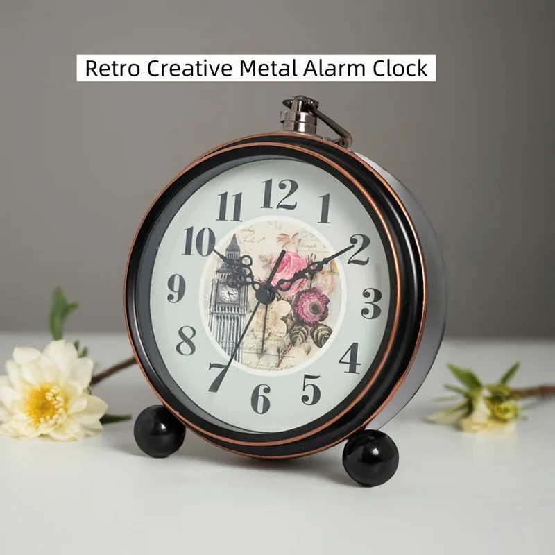 Euroselle Vintage European Metal Bedside Alarm Clock With Silent Analog Large Display