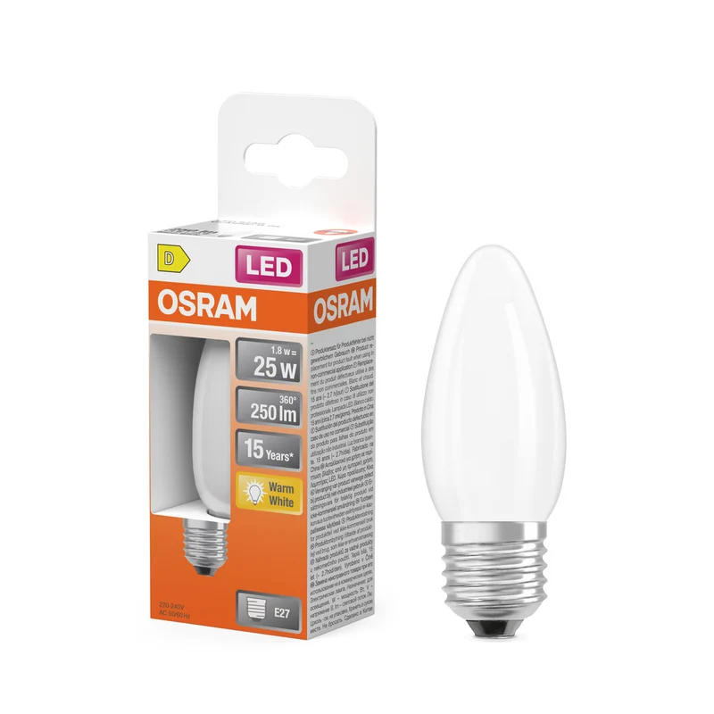 OSRAM LED-Lampen, klassische Minikerzenform, 25 Watts Ersatz, E27, B-shape, 2700 Kelvin, Warm weiß, Klares Glas, single Pack