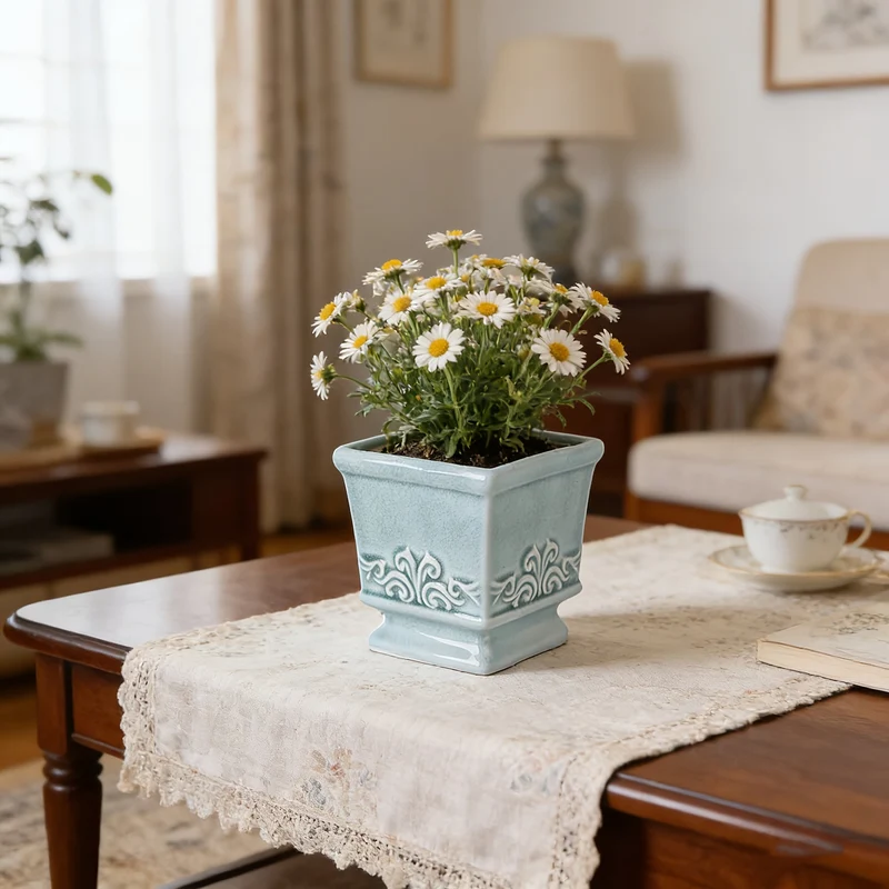 Euroselle Vintage Ceramic Planter With Compact Square Design For Elegant Indoor Plant Display
