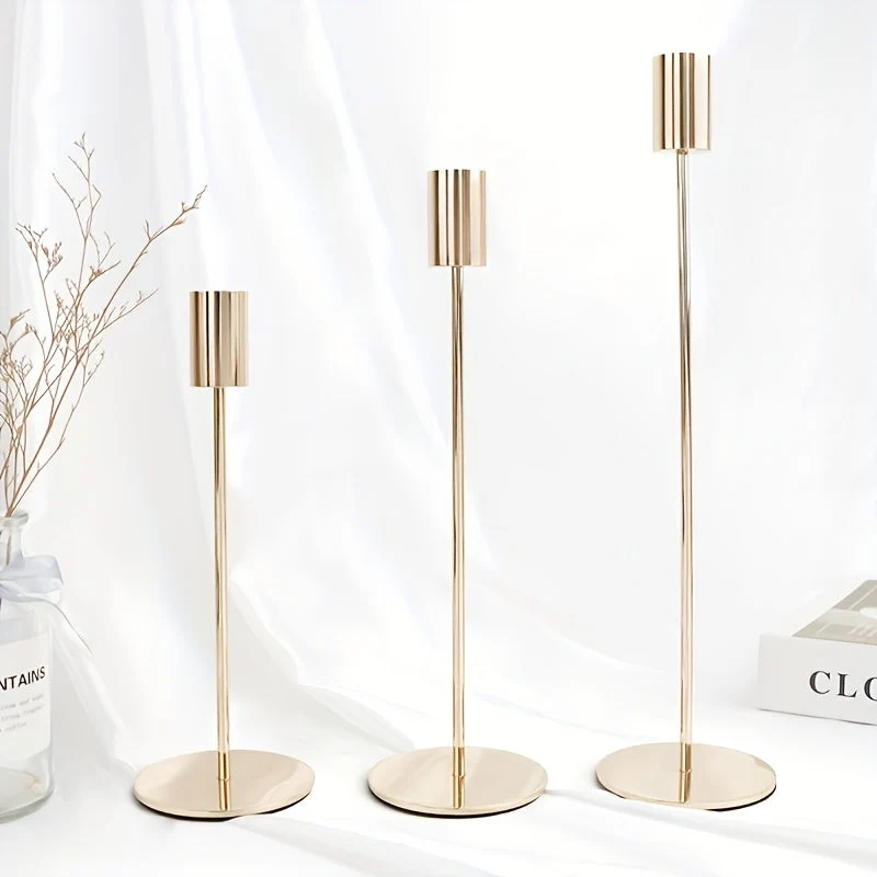 Euroselle Three-Piece Golden Iron Candlestick Holders