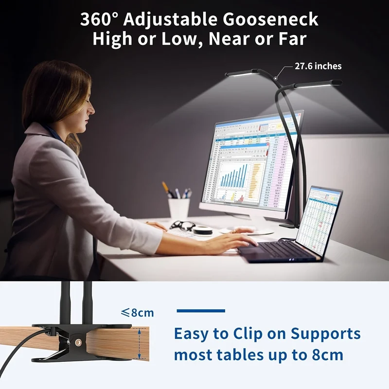 Euroselle Dual-Tube Clip-On LED Reading Lamp With Adjustable Brightness