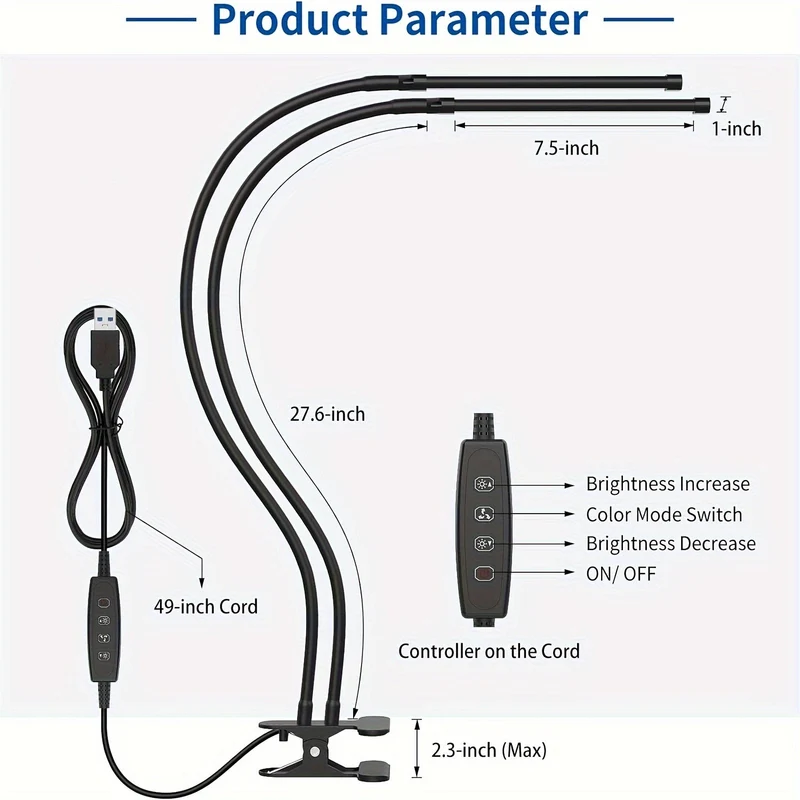 Euroselle Dual-Tube Clip-On LED Reading Lamp With Adjustable Brightness
