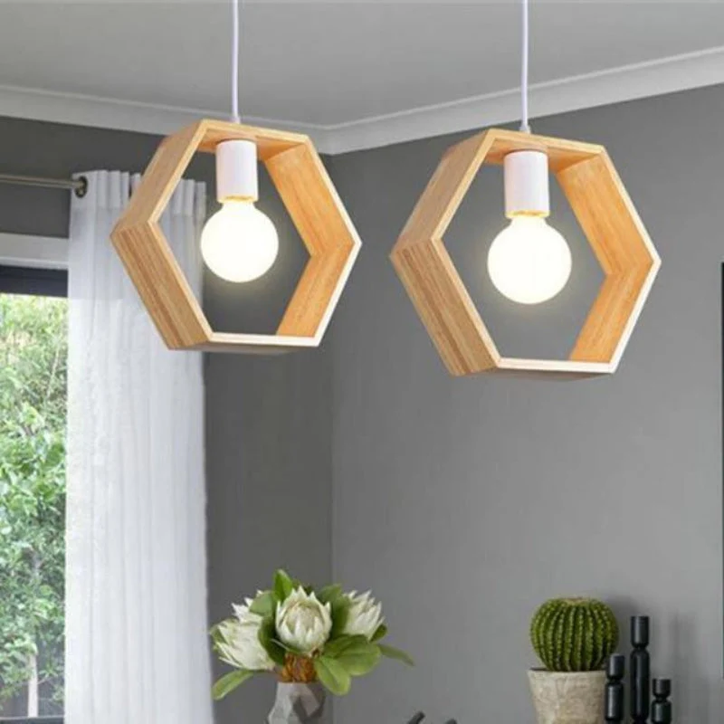 Euroselle Geometric Wooden Hanging Pendant Light For Indoor Rooms