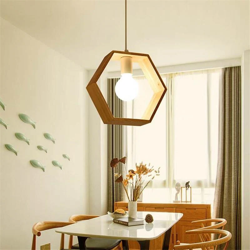 Euroselle Geometric Wooden Hanging Pendant Light For Indoor Rooms