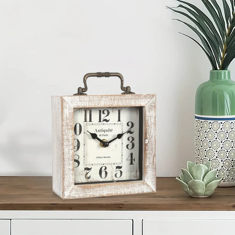 Euroselle Rustic Wooden Shelf Clock With Glass Cover For Home Decor