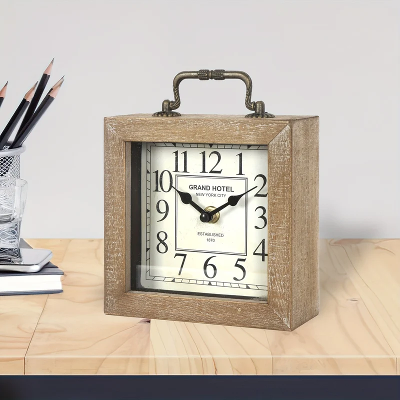 Euroselle Rustic Wooden Shelf Clock With Glass Cover For Home Decor