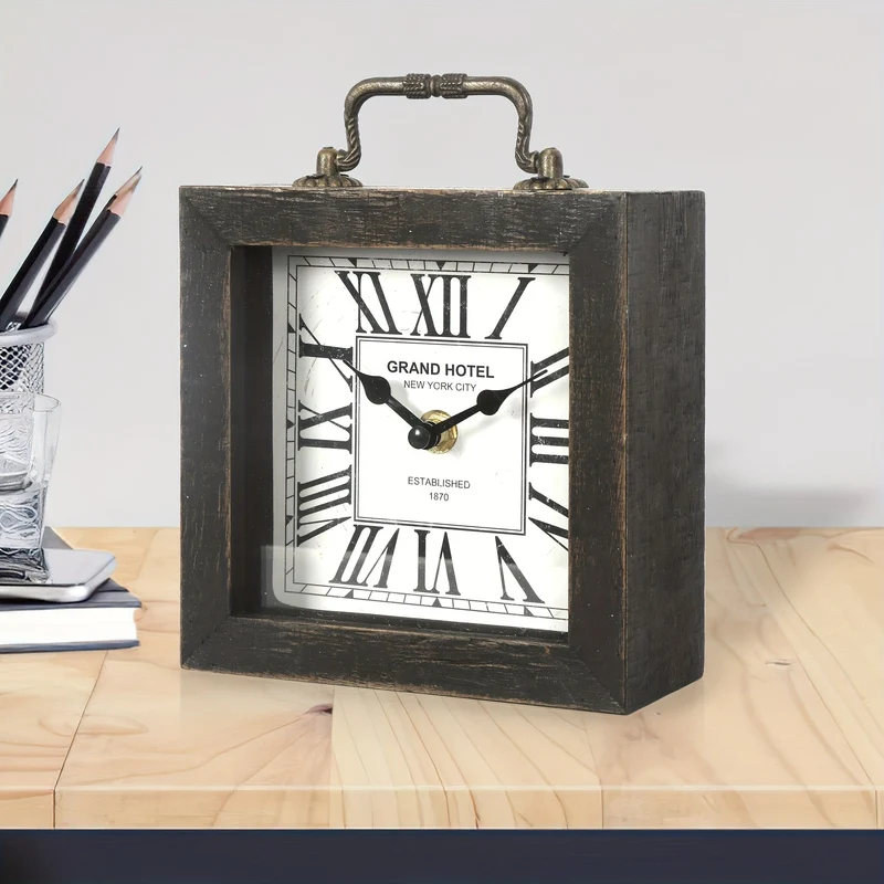 Euroselle Rustic Wooden Shelf Clock With Glass Cover For Home Decor