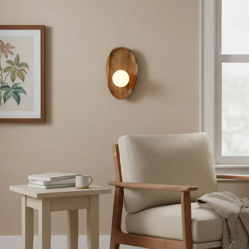 Euroselle Wall Sconce With Walnut Finish And Glass Shade, Indoor IP20 Light Fixture
