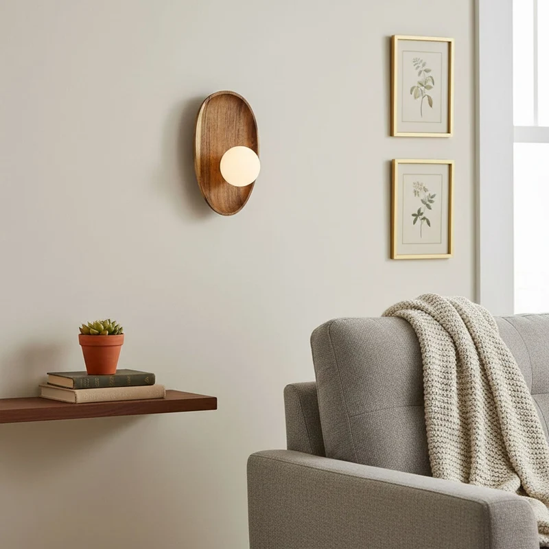 Euroselle Wall Sconce With Walnut Finish And Glass Shade, Indoor IP20 Light Fixture