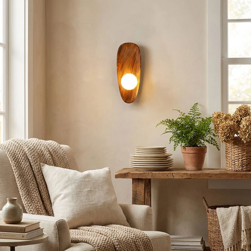 Euroselle Wall Sconce With Walnut Finish And Glass Shade, Indoor IP20 Light Fixture