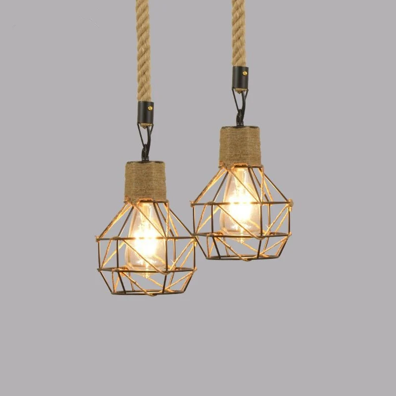 Vintage Rope Pendant Light With Iron Cage Ceiling Mount E26 E27 Socket Euroselle