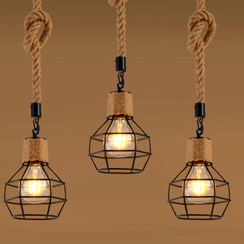 Vintage Rope Pendant Light With Iron Cage Ceiling Mount E26 E27 Socket Euroselle