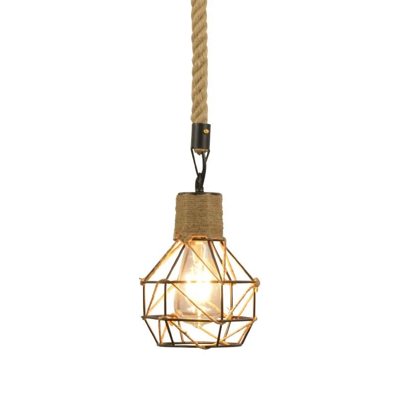 Vintage Rope Pendant Light With Iron Cage Ceiling Mount E26 E27 Socket Euroselle