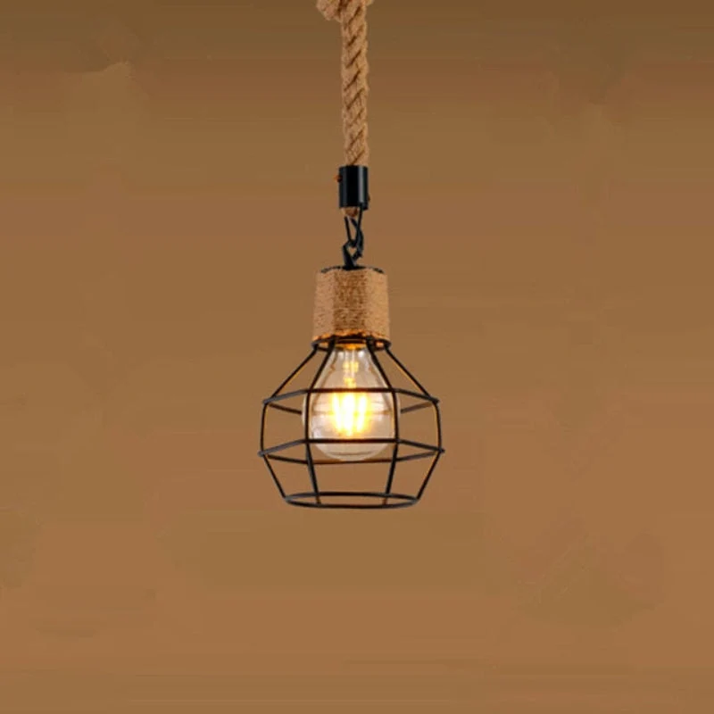 Vintage Rope Pendant Light With Iron Cage Ceiling Mount E26 E27 Socket Euroselle