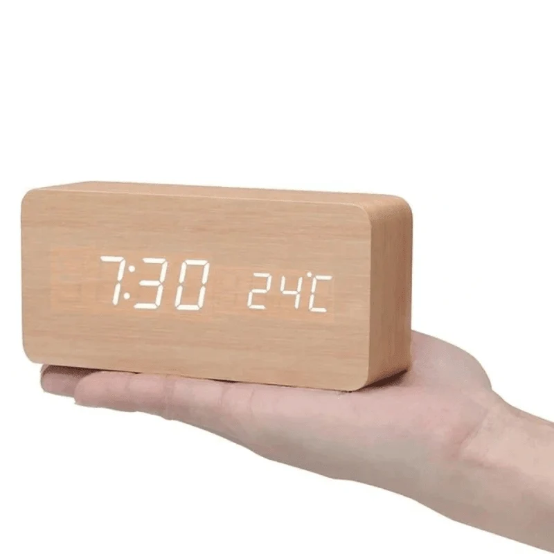 Euroselle Wooden LED Alarm Clock With Voice Control And Adjustable Brightness