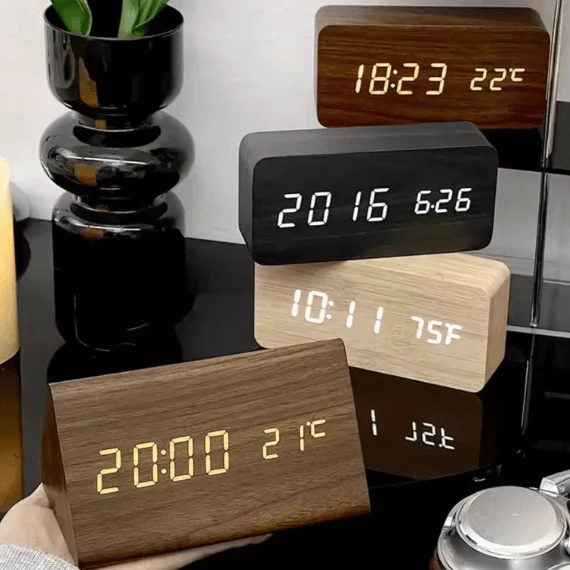 Euroselle Wooden LED Alarm Clock With Voice Control And Adjustable Brightness