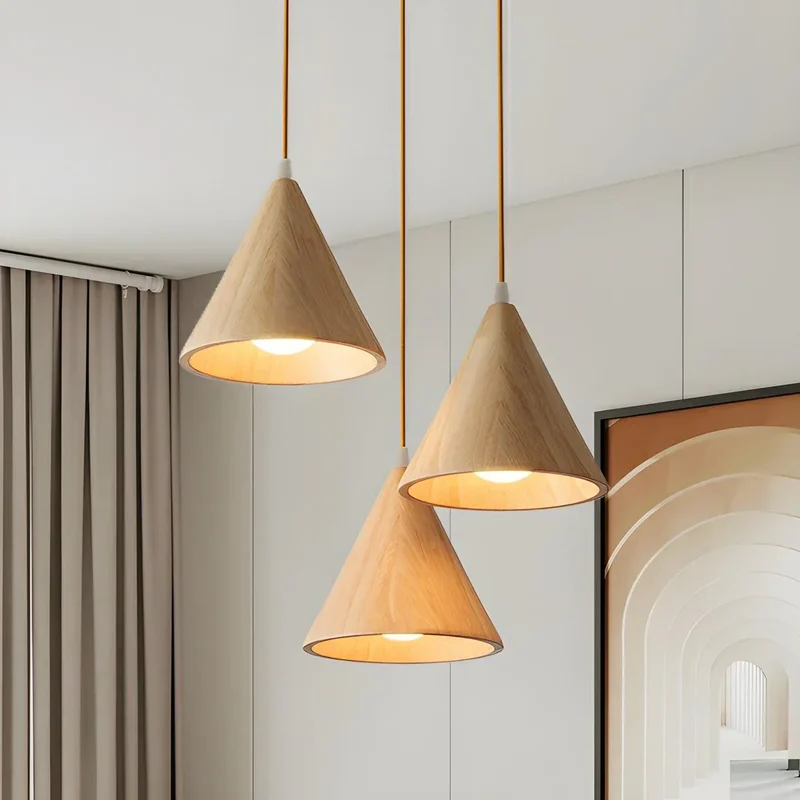 Euroselle Wood Cone Pendant Lamp Three-Head Linear LED Fixture