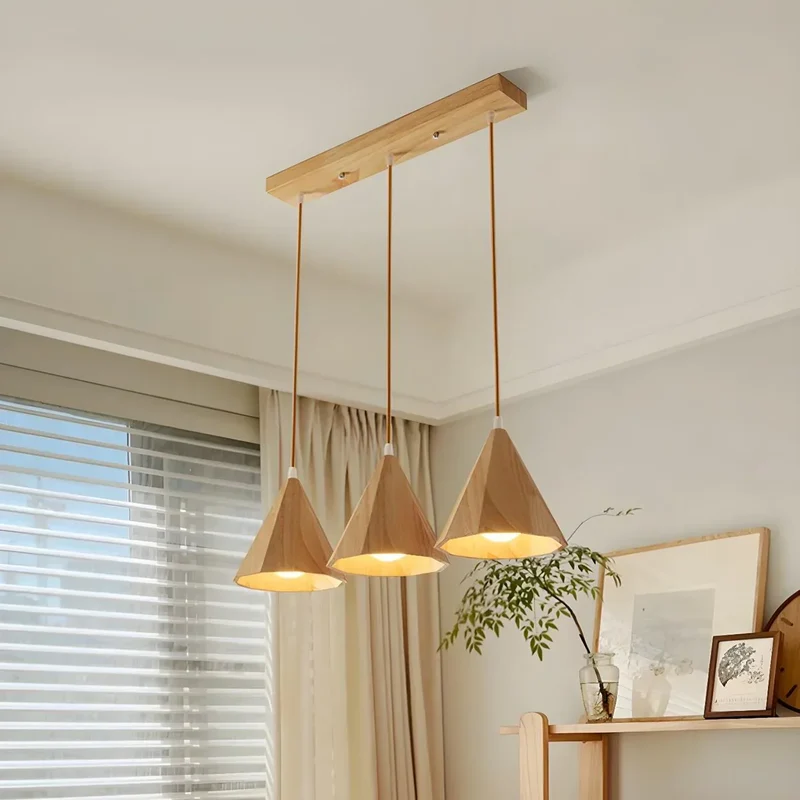 Euroselle Wood Cone Pendant Lamp Three-Head Linear LED Fixture