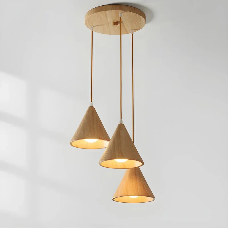 Euroselle Wood Cone Pendant Lamp Three-Head Linear LED Fixture