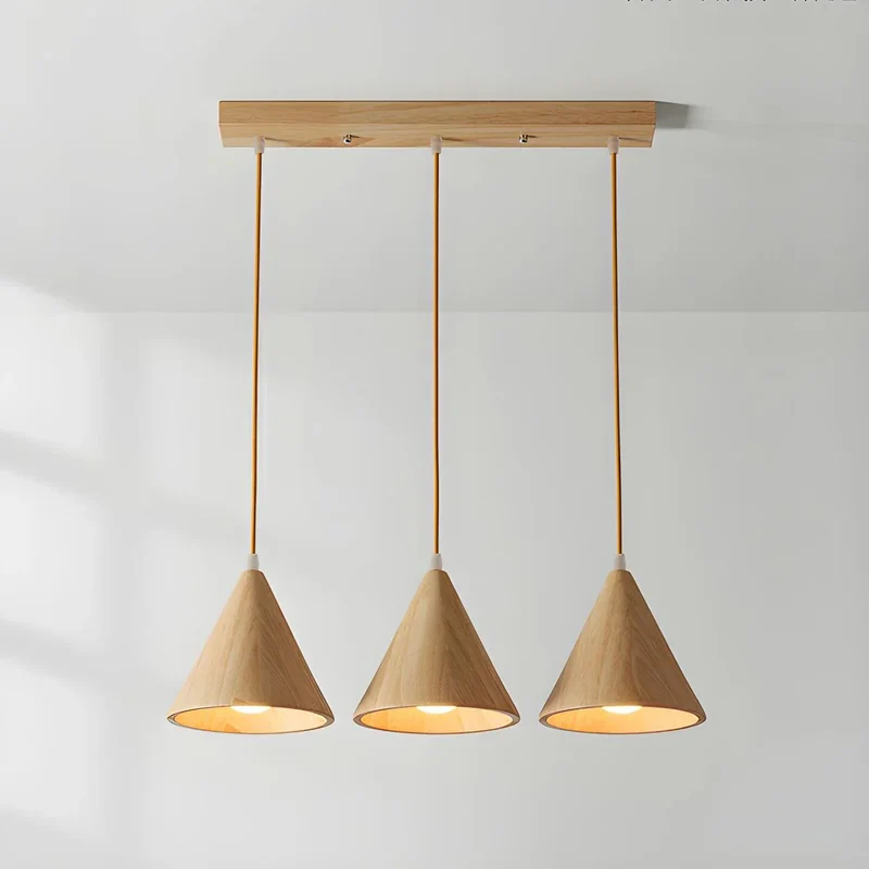 Euroselle Wood Cone Pendant Lamp Three-Head Linear LED Fixture