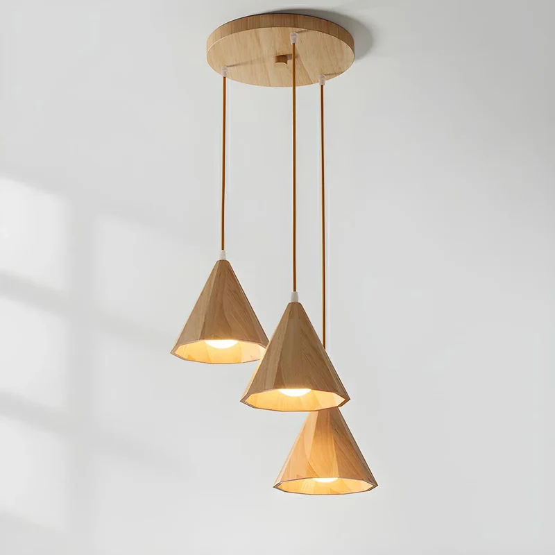 Euroselle Wood Cone Pendant Lamp Three-Head Linear LED Fixture