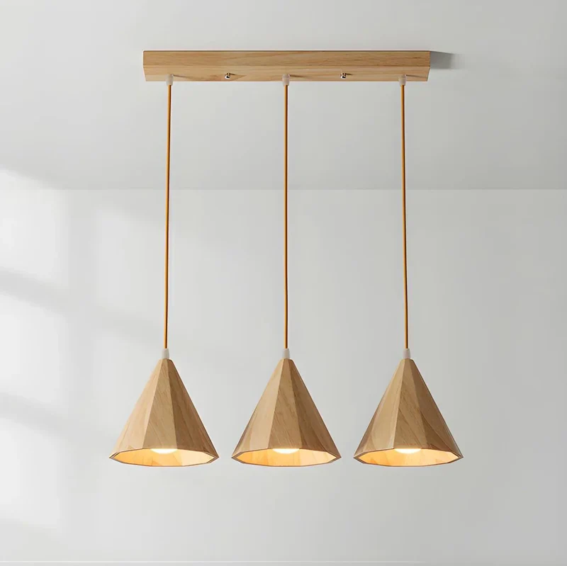 Euroselle Wood Cone Pendant Lamp Three-Head Linear LED Fixture