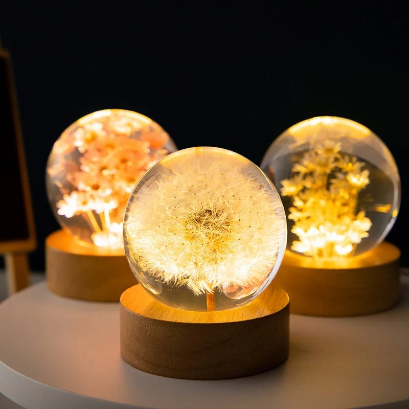 Euroselle 3D Crystal Flower LED Night Light With Real Bloom In Clear Crystal Sphere USB Powered
