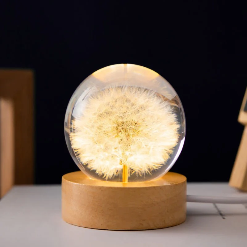 Euroselle 3D Crystal Flower LED Night Light With Real Bloom In Clear Crystal Sphere USB Powered