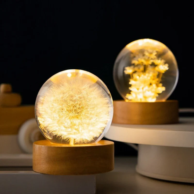 Euroselle 3D Crystal Flower LED Night Light With Real Bloom In Clear Crystal Sphere USB Powered