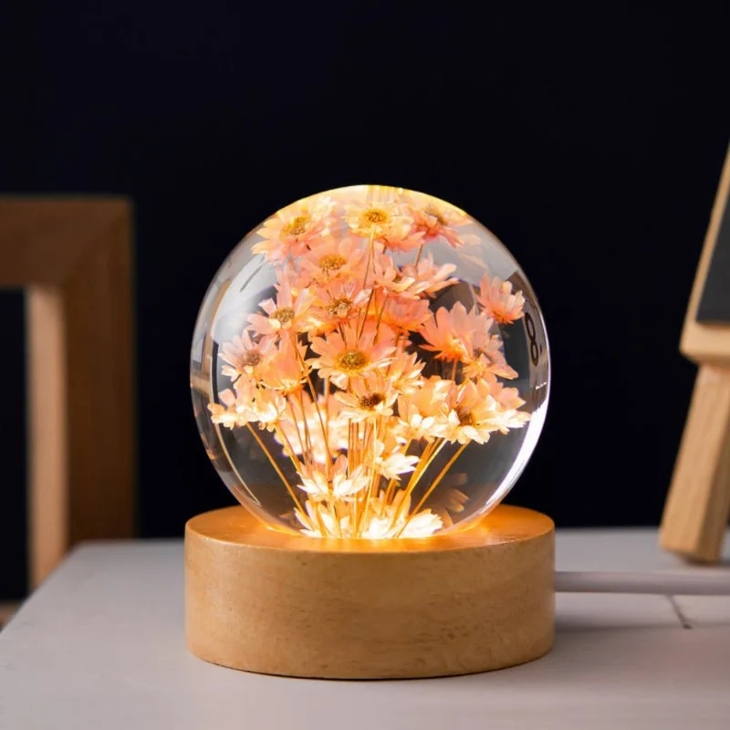 Euroselle 3D Crystal Flower LED Night Light With Real Bloom In Clear Crystal Sphere USB Powered