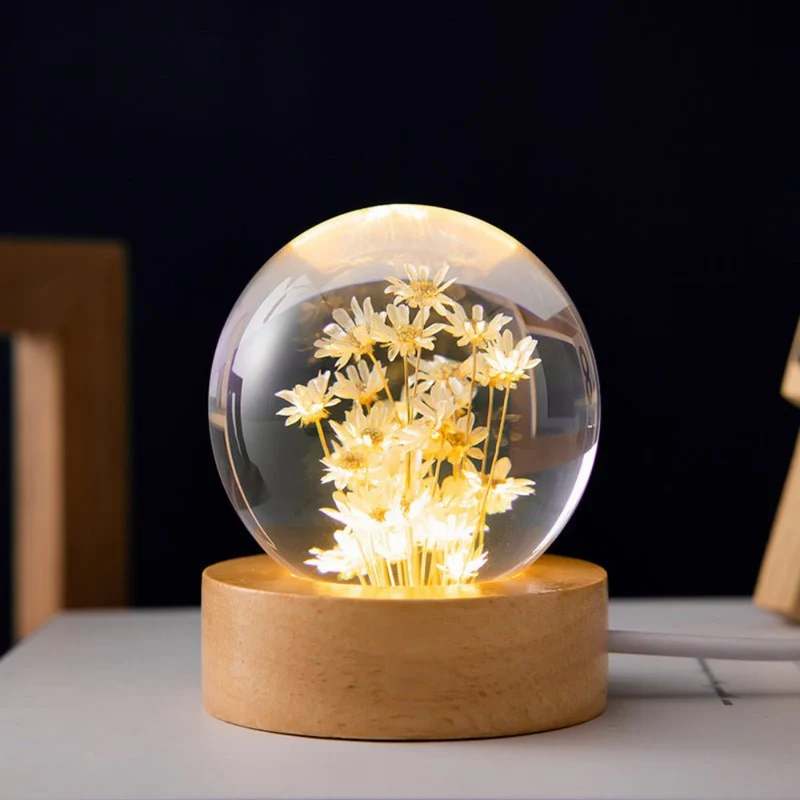 Euroselle 3D Crystal Flower LED Night Light With Real Bloom In Clear Crystal Sphere USB Powered