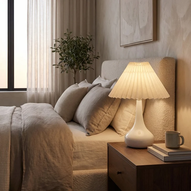 Euroselle Pleated Shade Table Lamp With Gourd-Shaped Base And Tri-Color LED Dimming
