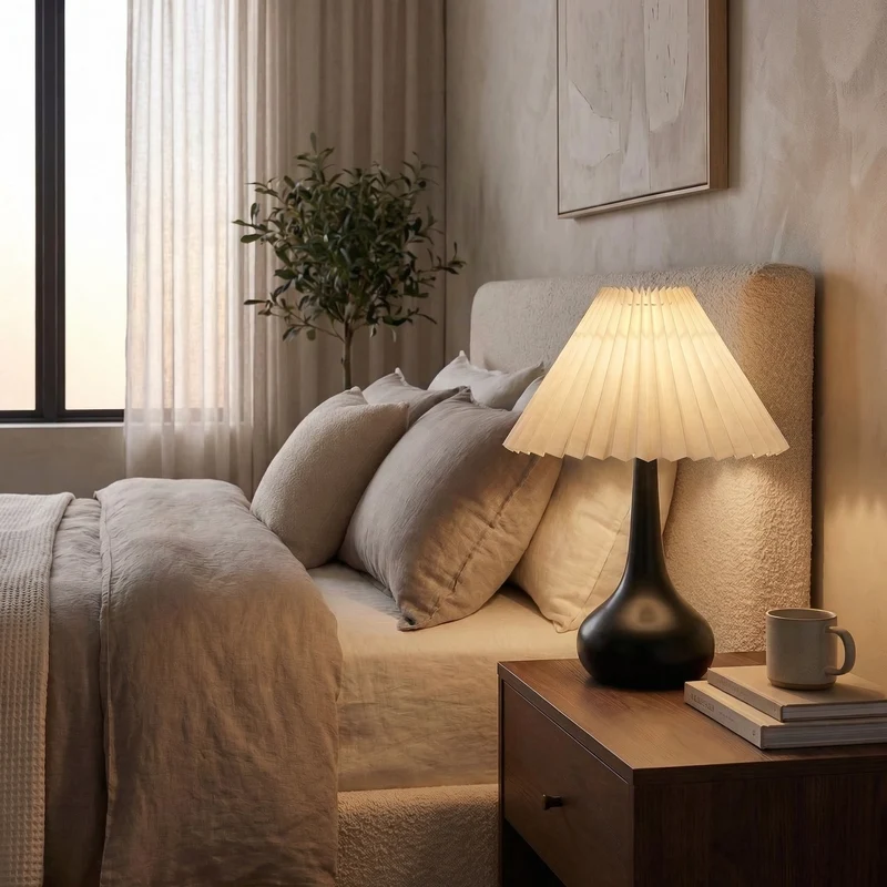 Euroselle Pleated Shade Table Lamp With Gourd-Shaped Base And Tri-Color LED Dimming