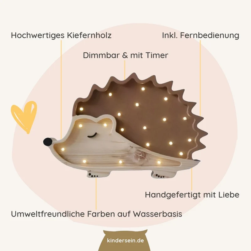 LED Nachtlicht Igel aus Holz, dimmbar